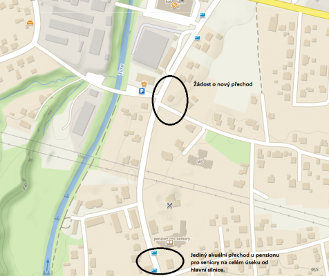 OLDŘICHOVICE u Třince - chybí přechod pro chodce u MŠ